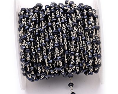 Black Spinal Faceted Rondelle Gemstone Beaded  Chain Silver Plated