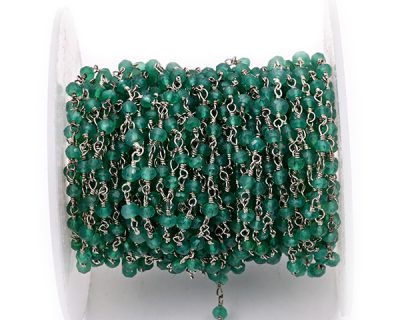 Green Onyx Faceted Rondelle Gemstone Beaded  Chain Silver Plated