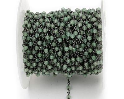 Green Strawberry Quartz Faceted Rondelle Gemstone Beaded  Chain Black Oxidized