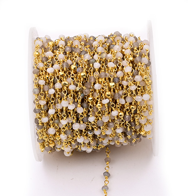 Moonstone, Labradorite with Golden Pyrite Faceted Rondelle Gemstone Beaded  Chain Gold Plated