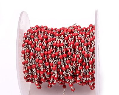 Synthetic Coral Faceted Rondelle Gemstone Beaded  Chain Silver Plated