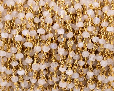Rainbow Moonstone Faceted Rondelle Gemstone Beaded  Chain Gold Plated