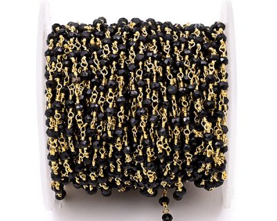 Black Spinal Faceted Rondelle Gemstone Beaded  Chain Gold Plated