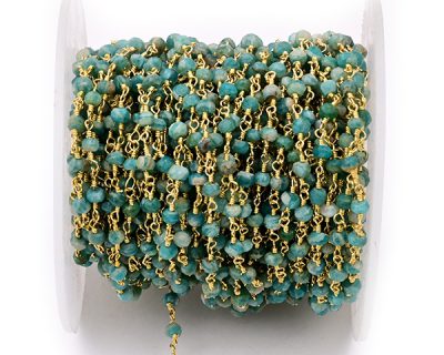 Russian Amazonite Faceted Rondelle Gemstone Beaded  Chain Gold Plated