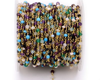 Multistone Faceted Rondelle Gemstone Beaded  Chain Gold Plated