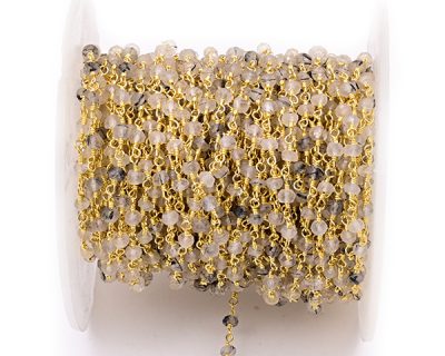 Black Ruitile Faceted Rondelle Gemstone Beaded  Chain Gold Plated