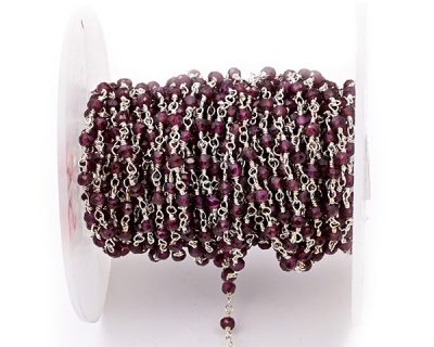 Garnet Faceted Rondelle Gemstone Beaded  Chain Silver Plated
