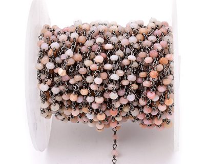 Pink Opal Faceted Rondelle Gemstone Beaded  Chain Black Oxidized